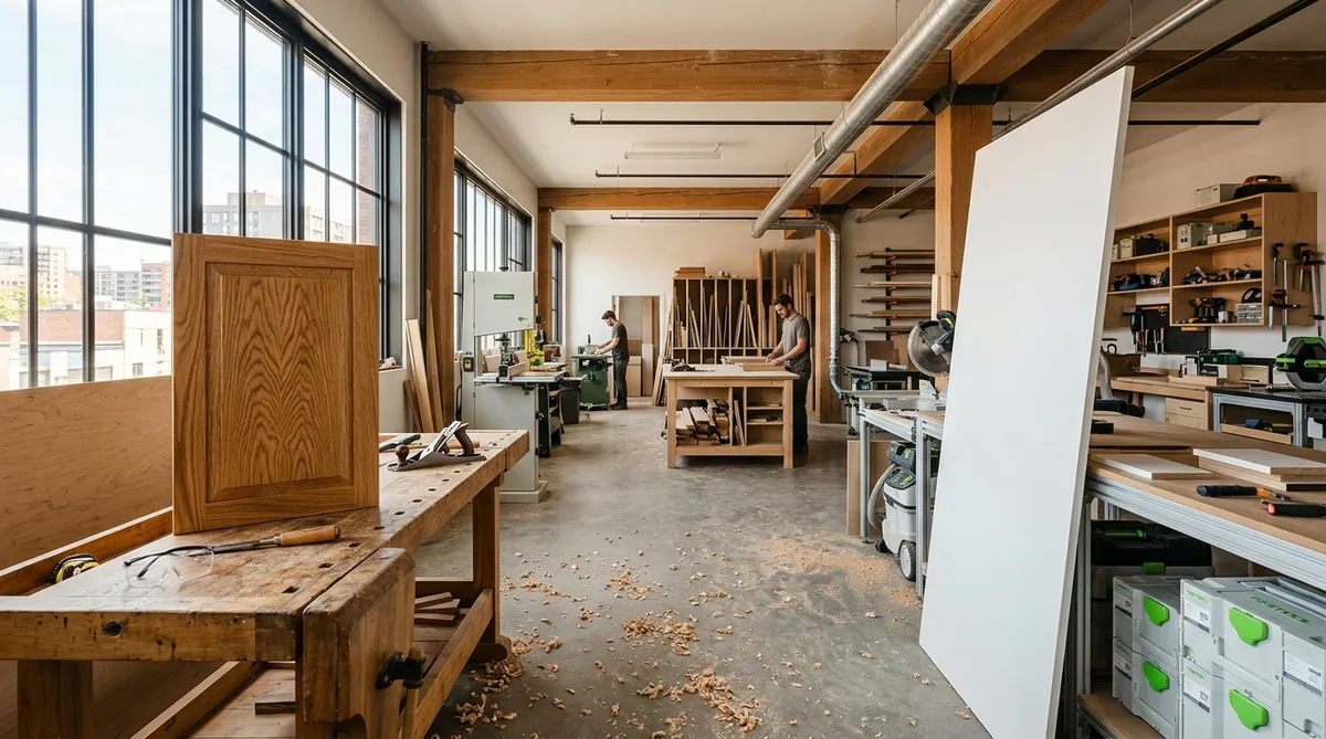 Comparaison porte armoire chêne et panneau mélamine atelier Saint-Hubert