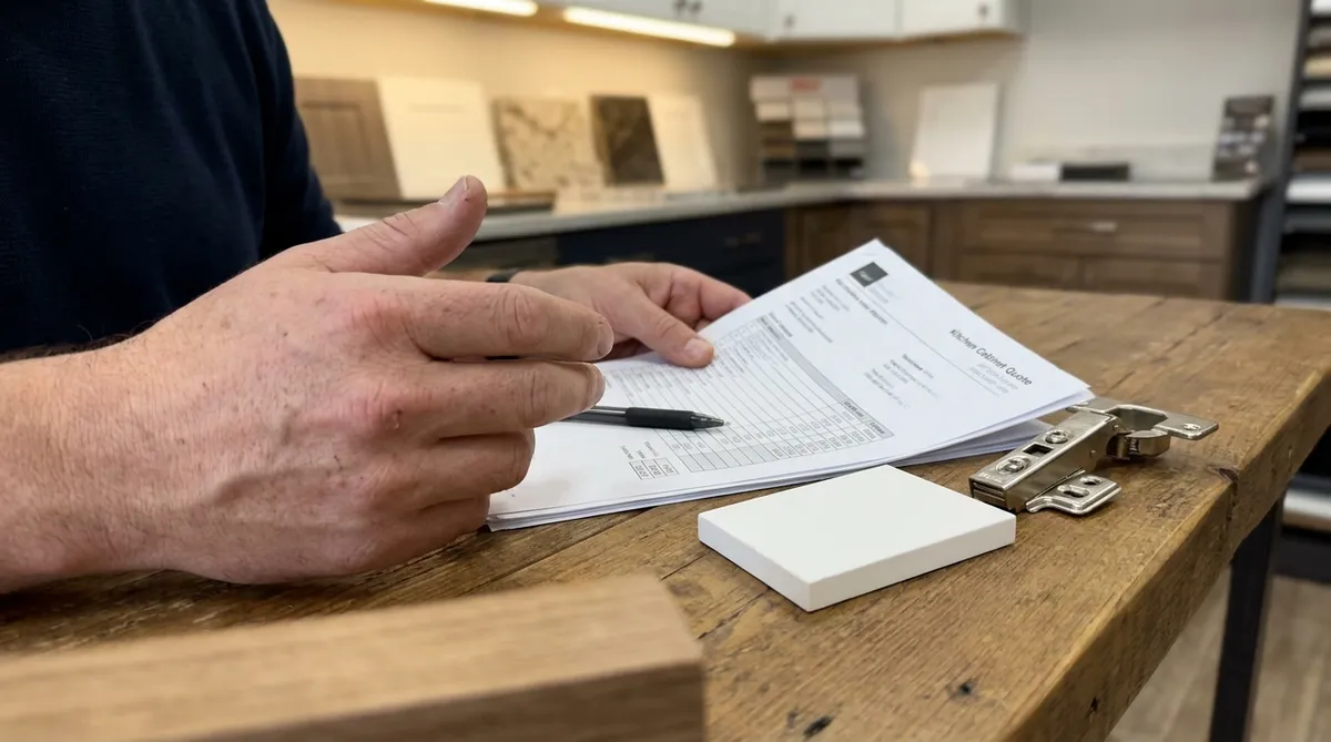 Client qui relit une soumission détaillée d'armoires de cuisine sur mesure