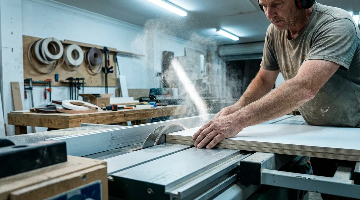 Découpe d'un panneau de mélamine lors de la fabrication d'une cuisine sur mesure en usine à Saint-Hubert