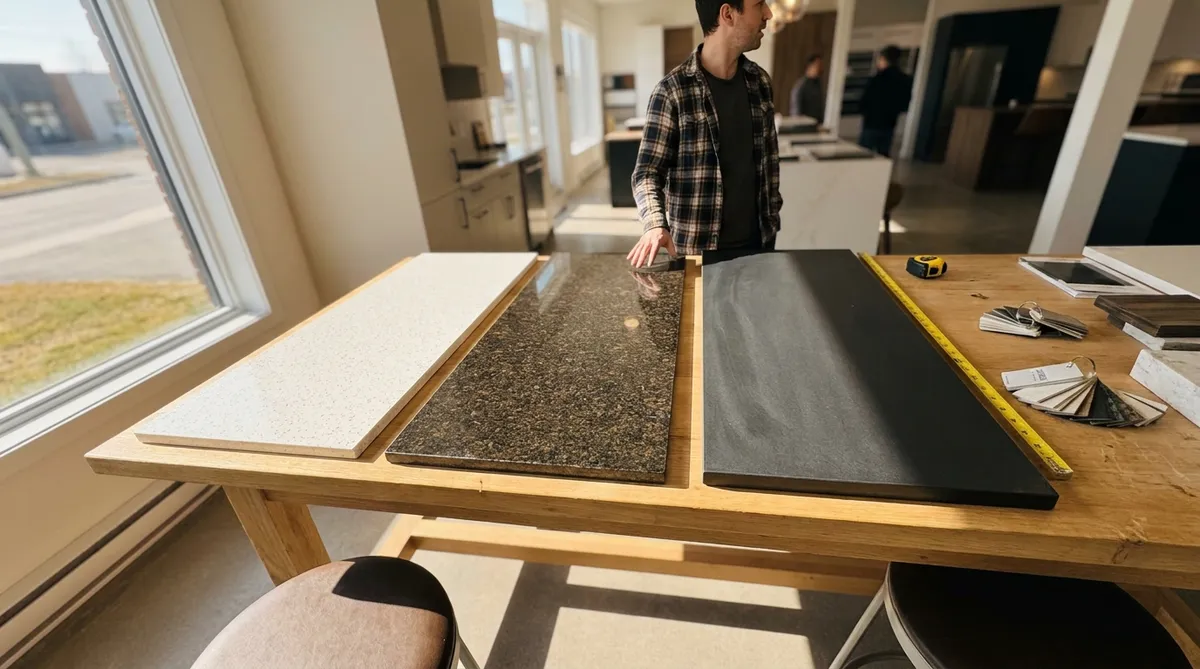 Échantillons de comptoirs quartz, granite et Dekton dans notre atelier de Saint-Hubert