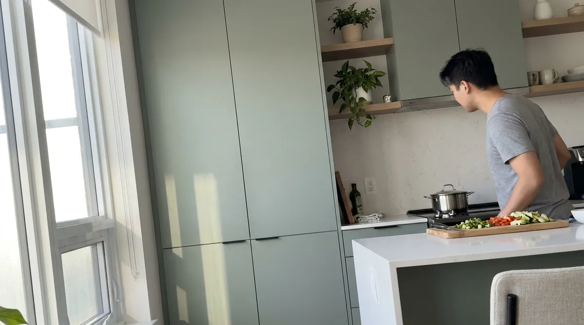 Armoire de cuisine en polyester fini mat vert sauge dans un condo du Grand Montréal