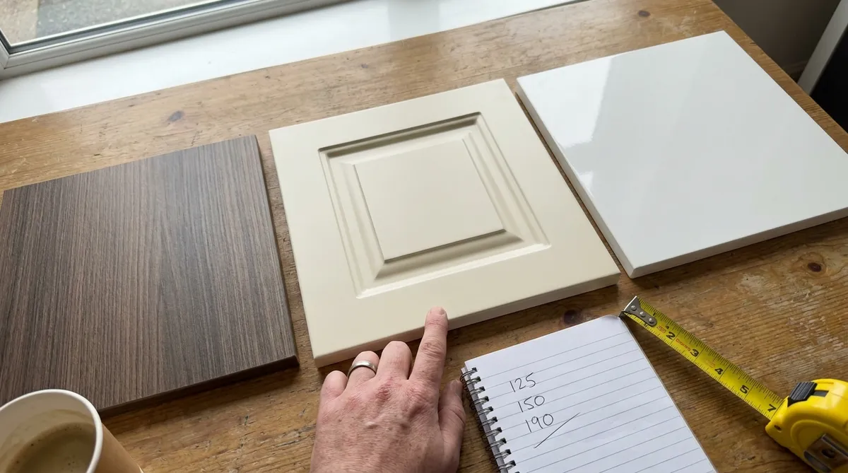Comparaison d'échantillons de portes d'armoires en mélamine, polyester et thermoplastique au showroom de Saint-Hubert