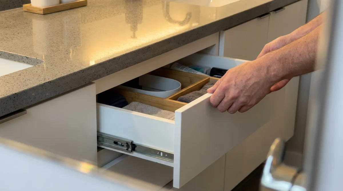 Vanité de salle de bain sur mesure avec coulisses Blum et comptoir en quartz