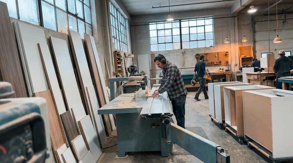 Atelier d'ébénisterie à Saint-Hubert avec scie à panneaux et caissons de cuisine en assemblage