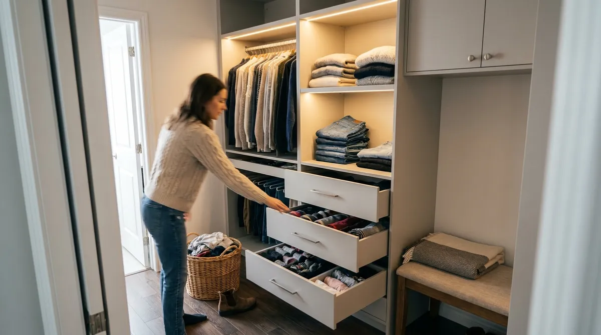 Walk-in sur mesure fabriqué par une ébénisterie de Saint-Hubert dans une maison de la Rive-Sud